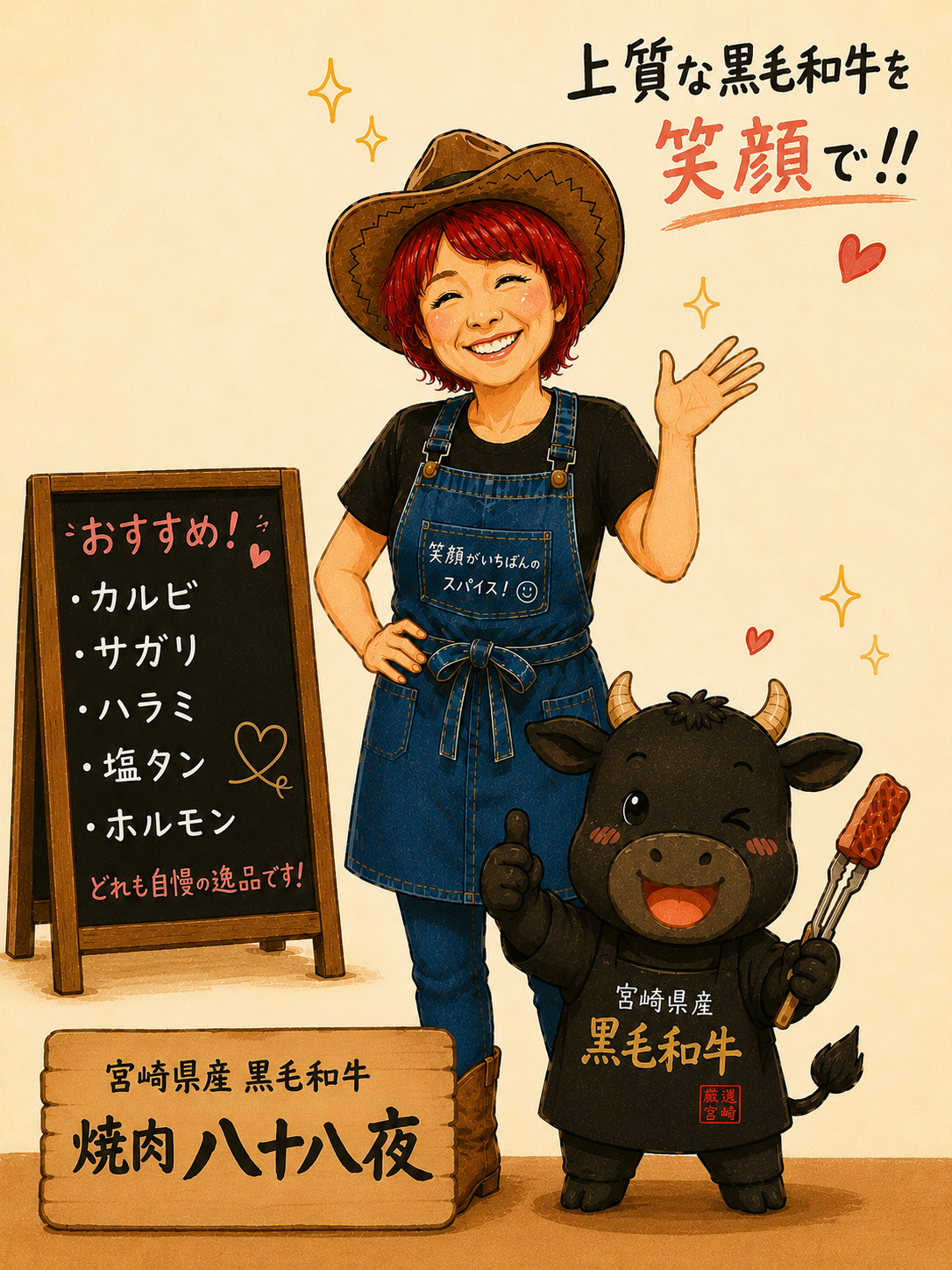 八十八夜の女将みさちゃんとマスコットのモーモー